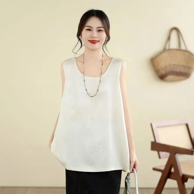 New Chinese Style Jacquard Satin Tank Top Middle Aged Women Loose U Neck Sleeveless Blouse Elegant Acetate Vest For Moms