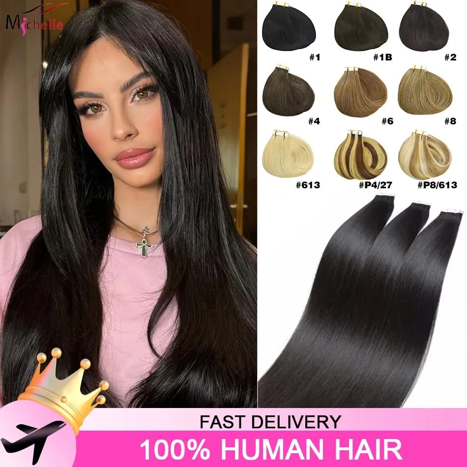 Tape In Hair Extensions 100% Virgin Human Hair Straight Seamless Invisible Skin Weft Tape Ins Extensions Natural Color 50G/pack