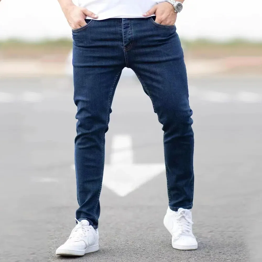 Jarní Pánské Černé Modré Kalhoty Pure Color Streč Džíny Street Ležérní Slim Fit Kalhoty Pánské Vintage Wash Skinny Jeans pro muže