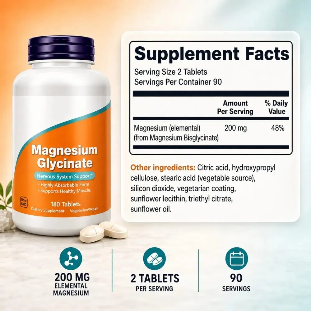Magnesium Glycinate Tablets 200mg High Absorption Vegan Non-GMO Formula for Nervous System Muscle Relaxation Support 180 Count — image 2
