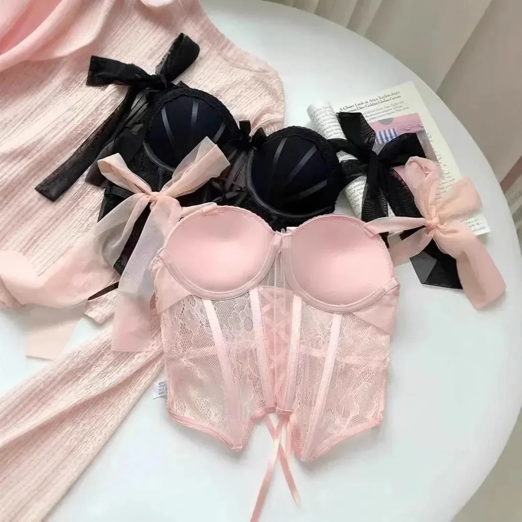 Lace Thin X Sexy Fishbone Bra Set with Small Chest Gathered and Anti Sagging Support Comfortable Soft Steel Ring Bra Set