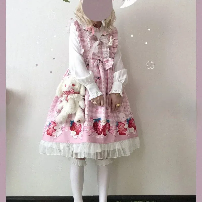 日系洛麗塔連身裙女童草莓兔 Jsk 連身裙女原宿無袖可愛 2026 角色扮演背心