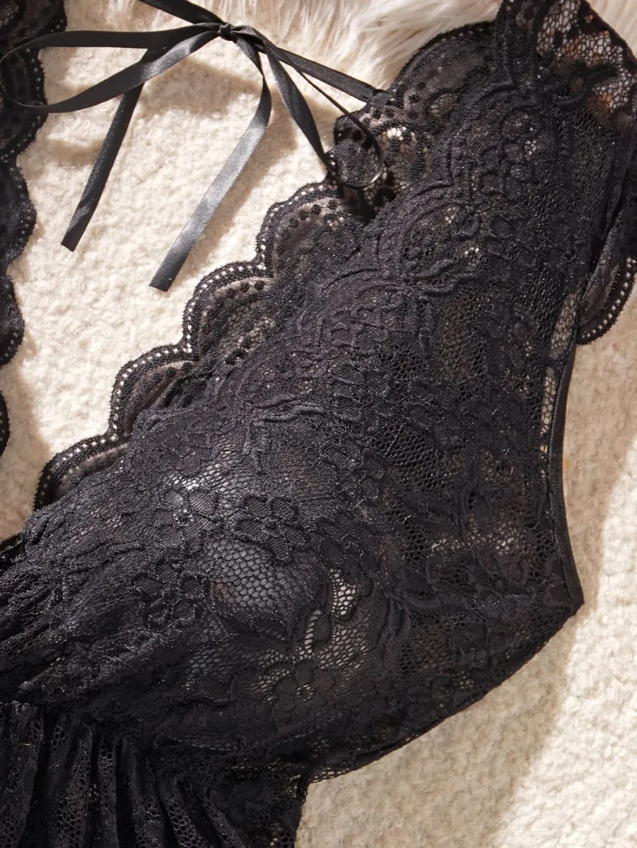 Temptation Deep V Neck Black Sheer Lace Matching Bra Set Curvy Women Lingerie For Confident Nights Special Full Figure