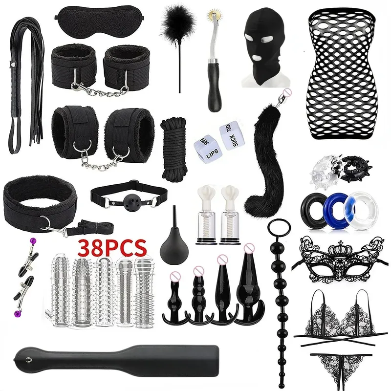 Adult Sex Toy Kits Sets for Sexy Games Bondage Mask Set Feather Handcuffs Ankle Cuff Restraints for Couple Sexual Aids 18+