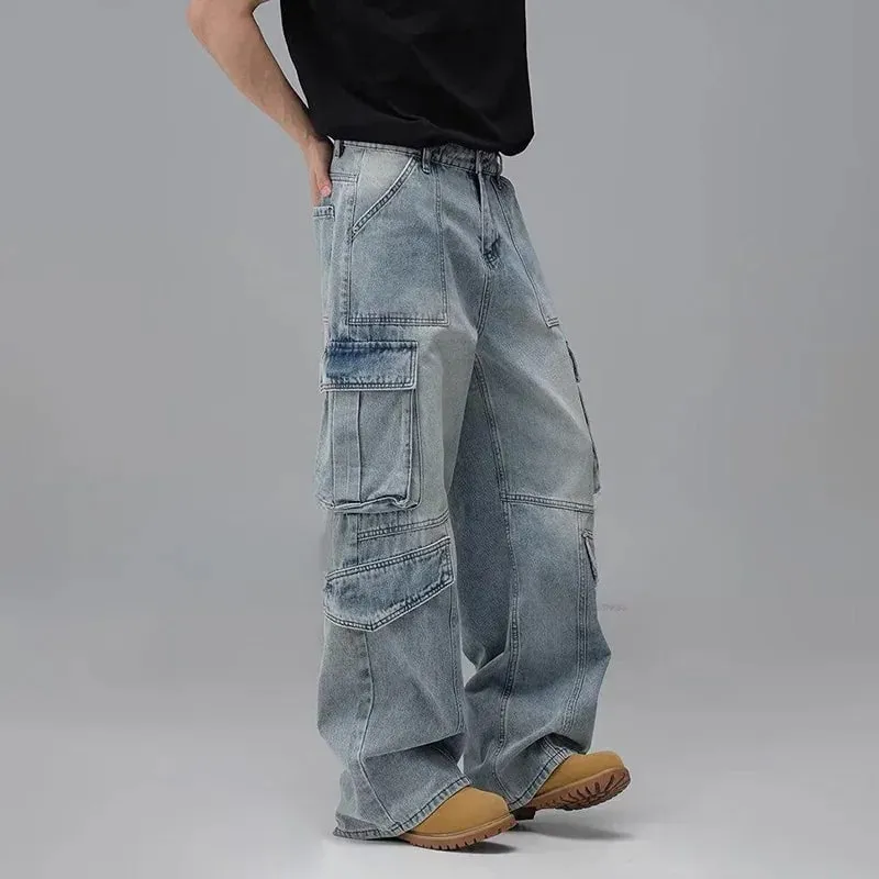 Men'S Spring And Summer Multi Pocket Workwear Design Jeans Retro Washed Japanese And Korean Casual Pants Loose Wide Leg Pants