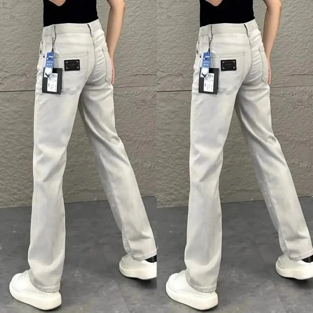 2026 Luxury Jeans for Man Original White Gray Draped Jeans for Men Summer New Slim Fit Trendy Straight-leg Slimming Casual Pants