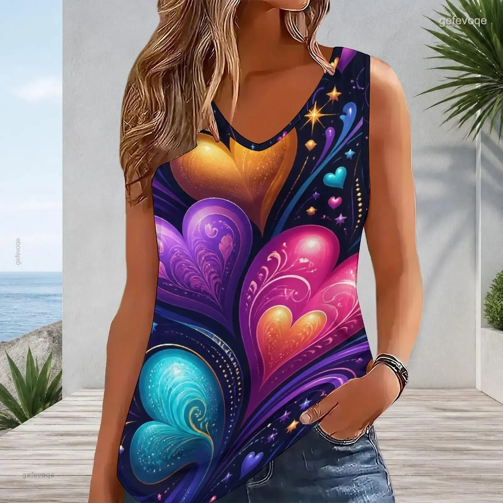 Women V Neck Sleeveless Tank Top Contrast Trim Loose Fit Casual Vest Custom Print Ladies Daily Summer Tops — image 5