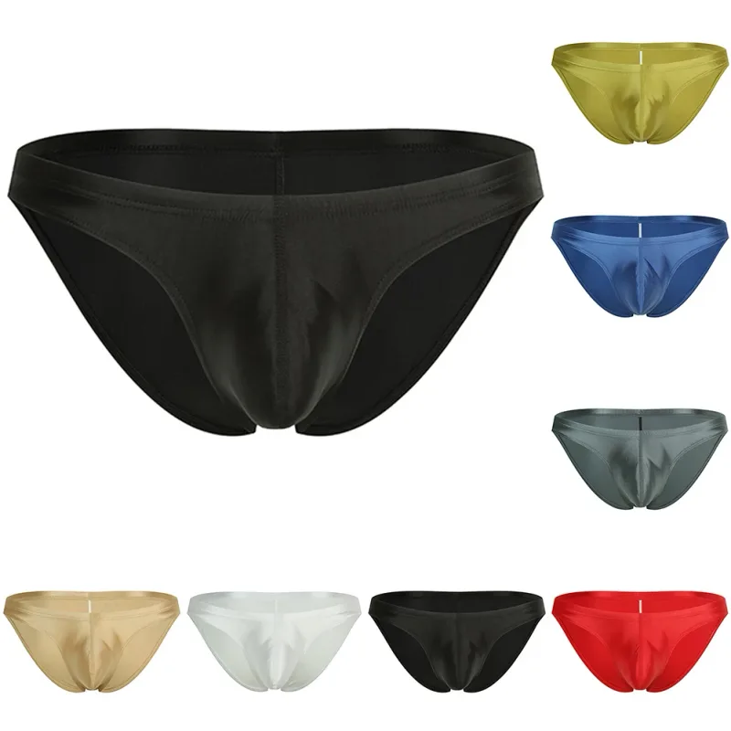 Mens Oil Shiny Glossy Silk Briefs Underwear Pouch Underpants Breathable Panties Low Rise Male Underpant Bikini