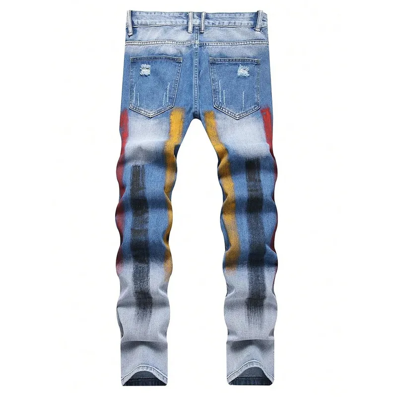 Men Painted Denim Jeans Contrast Color Holes Ripped Distressed Pants Non Stretch Cotton Slim Straight Trousers