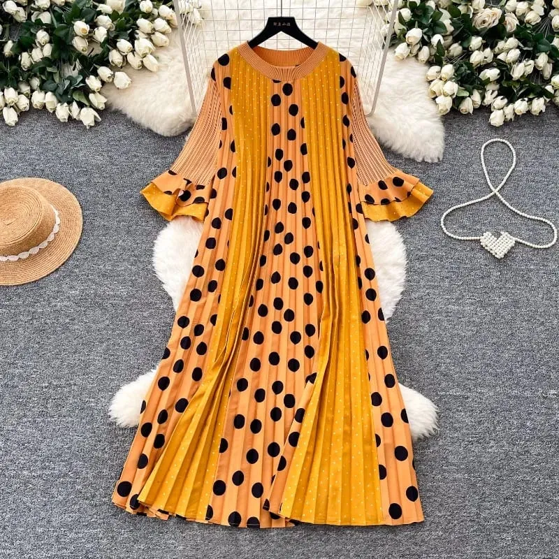 Miyake Pleated Polka Dot Dresses 2026 Summer Flared Sleeves Round Neck Fashion Pleated Long Dress Women Draped Elastic Clothing