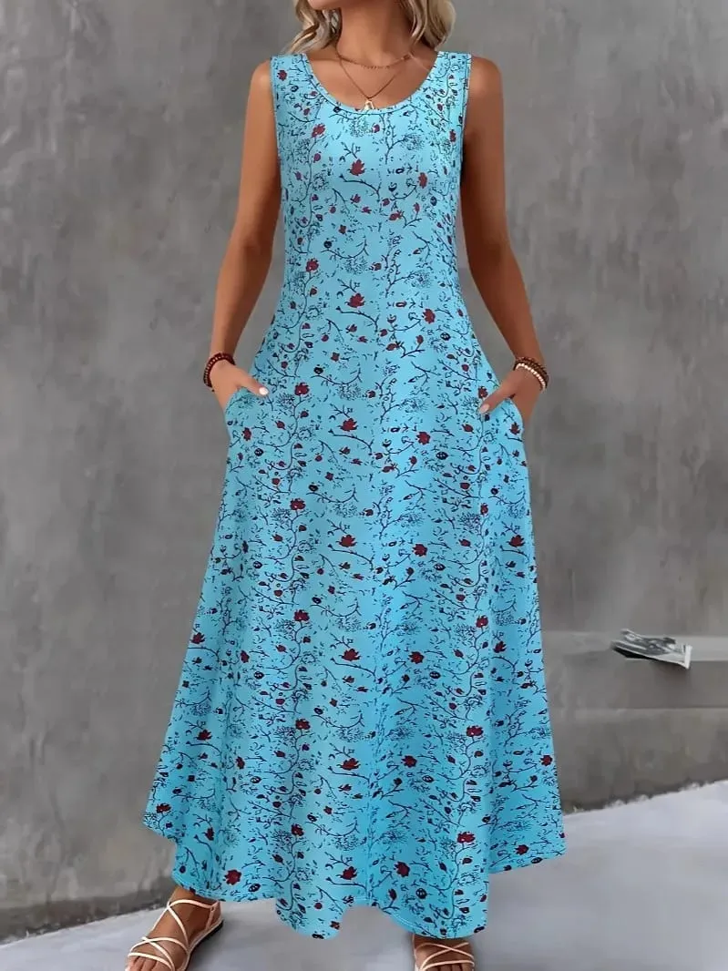 Women Summer Casual Sleeveless Floral Print Maxi Dress O Neck A-Line Long Dress With Pockets Loose Vestidos Beach Sundress