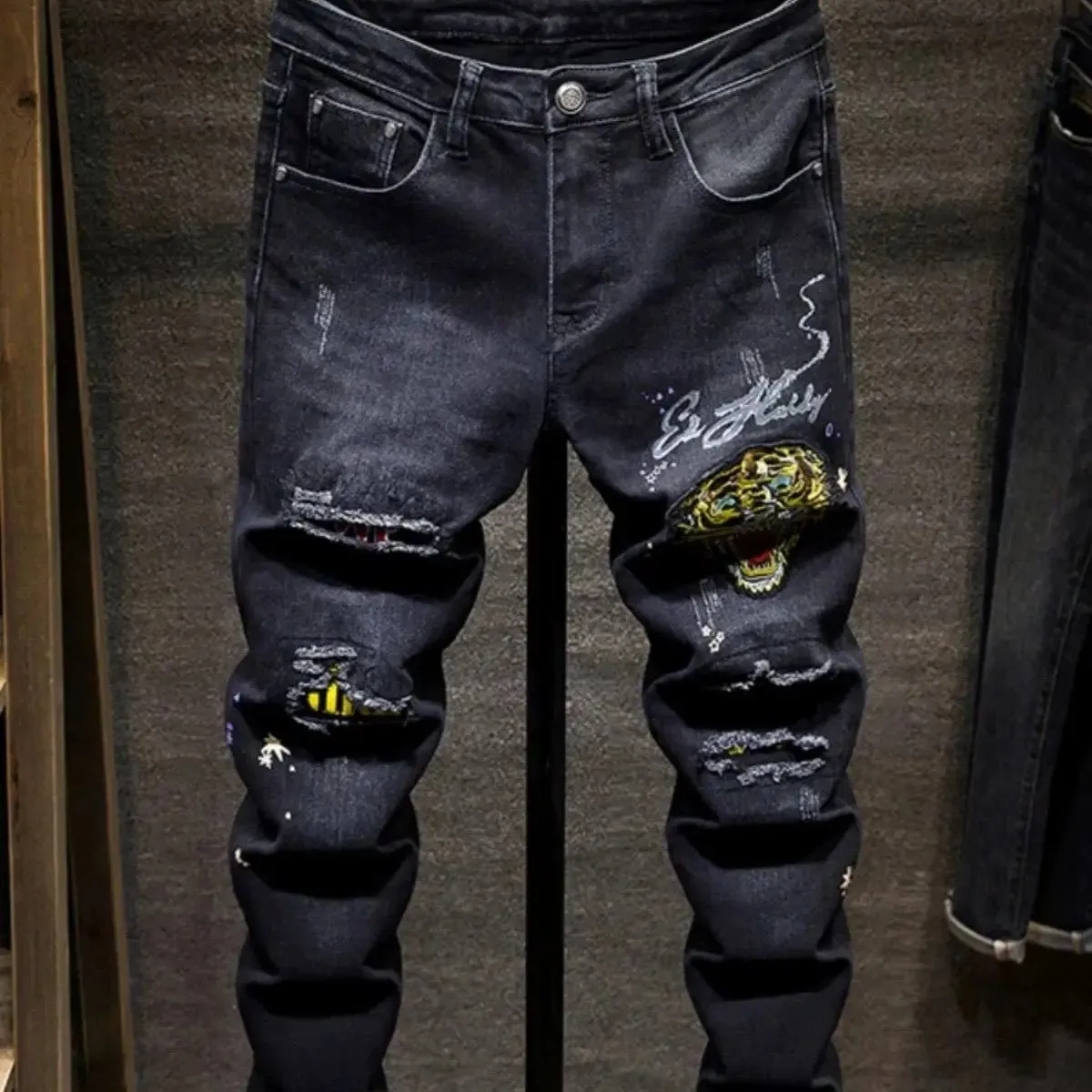 New Ripped Jeans Patch Slim Tiger Head Embroidery Casual Versatile Cargo Pants Men Clothing Low Rise Designer Skinny Jeans Men