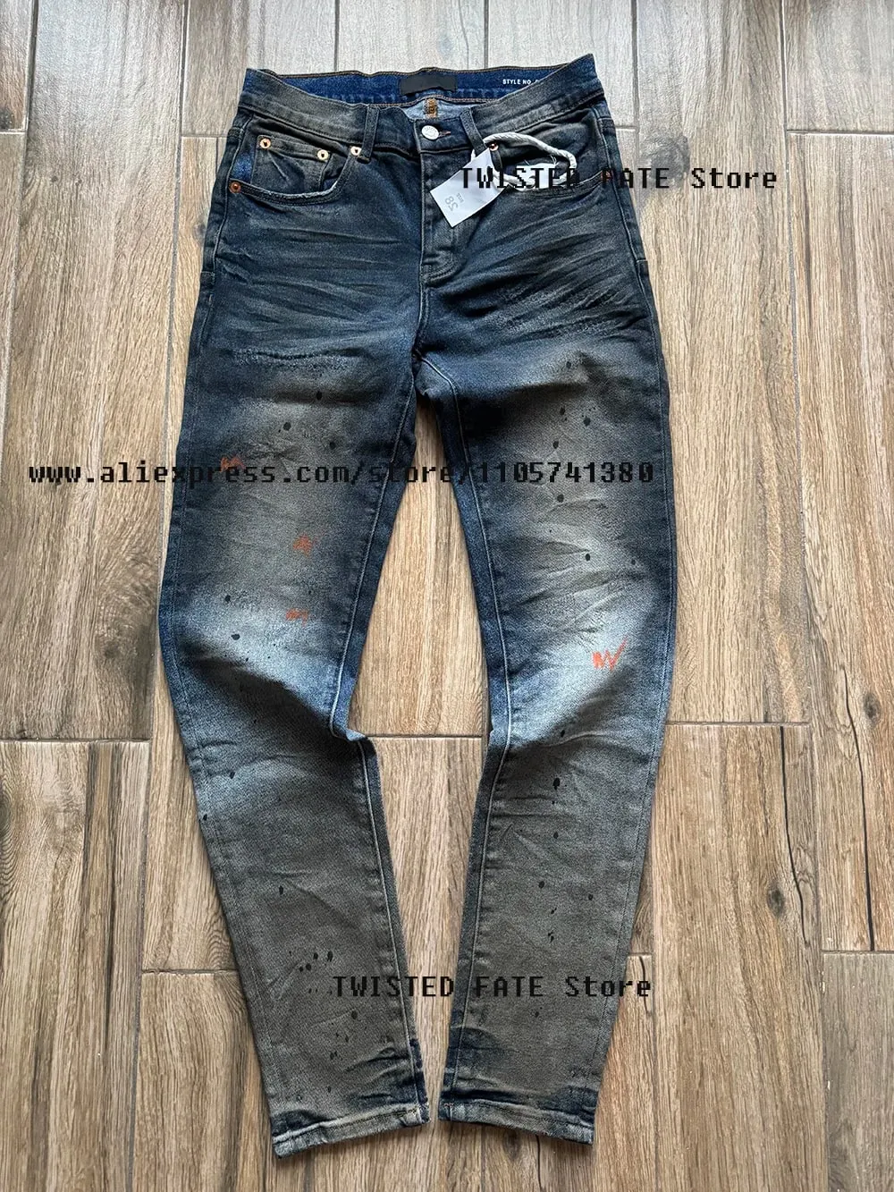 Men's American High Street Distressed Dirty Washed Indigo Spray Painted Stretch Skinny & Slim Fit Graffiti Streetwear Jeans