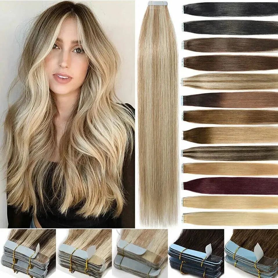 Double Stitched Tape in Human Hair Extensions Straight Invisible Seamless Skin Weft Tape In Hair Extensions For Women