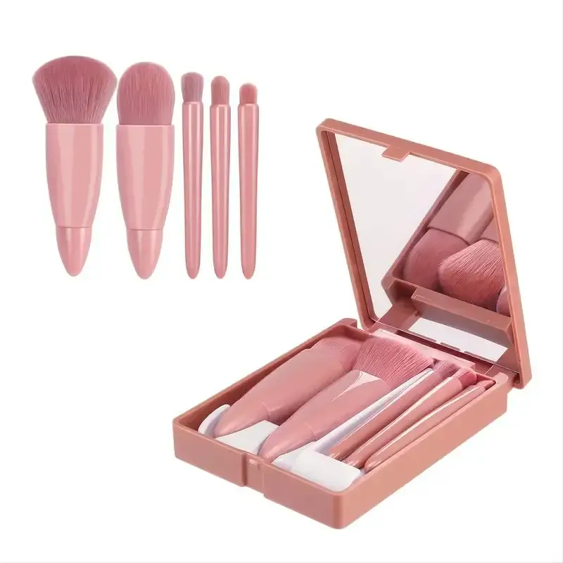 Kit di pennelli cosmetici completi per piccole funzioni, 5 pezzi, con custodia e specchio, set di pennelli per trucco da viaggio, mini pennelli per trucco