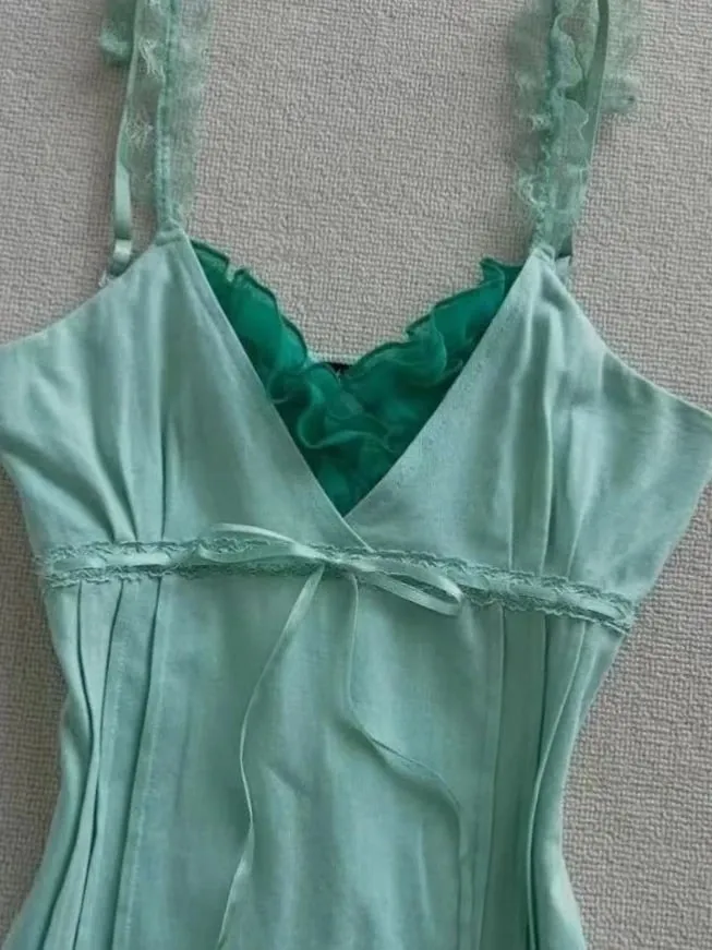 Women Retro Y2K Fairy Cami Tank Top Spaghetti Strap Mint Green Lace Bow Slim‑Fit Coquette Aesthetic Summer Casual Party Tops