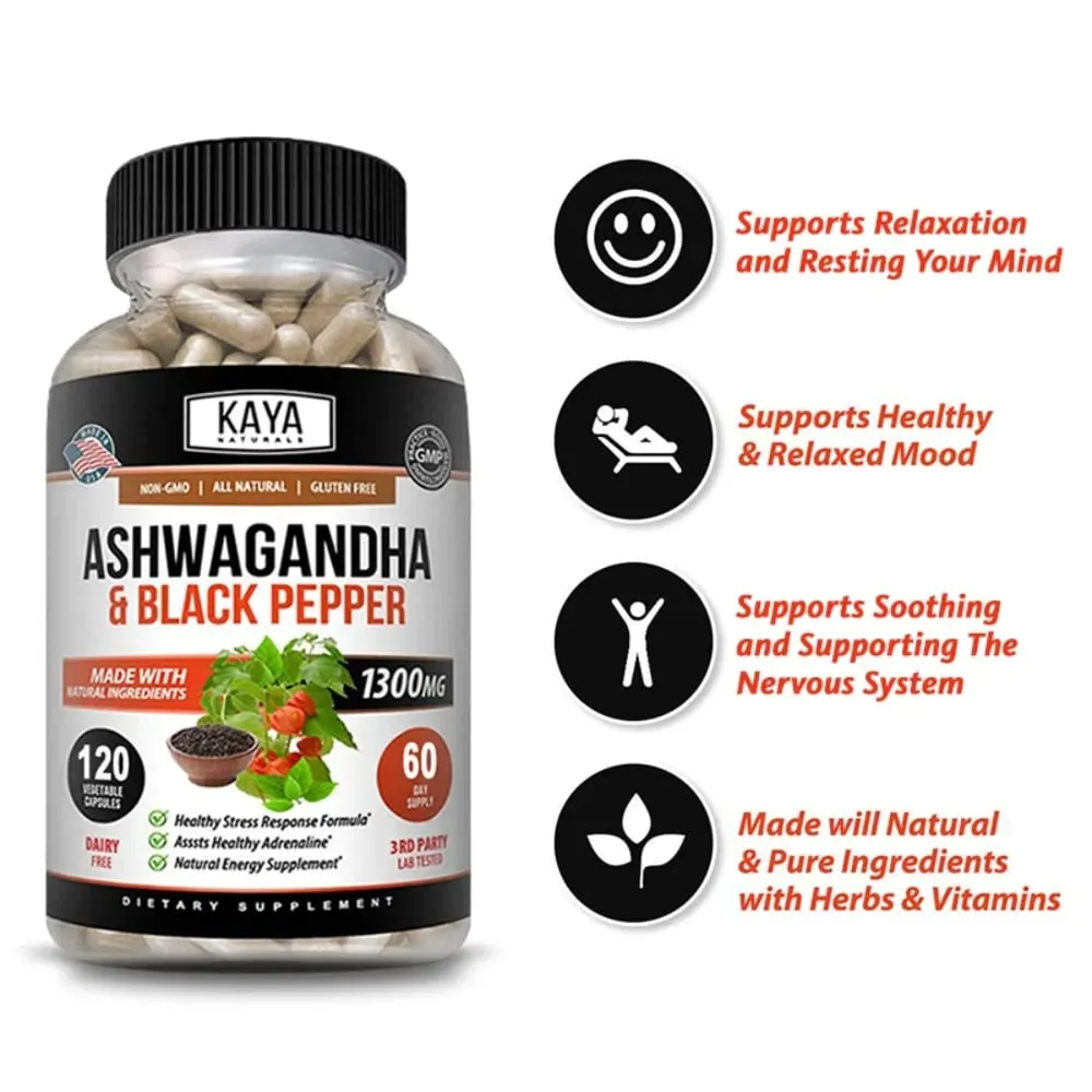 Organic Ashwagandha 1300mg 120 Count Capsules for Stress Relief Anti-Anxiety Mood Support Brain Health