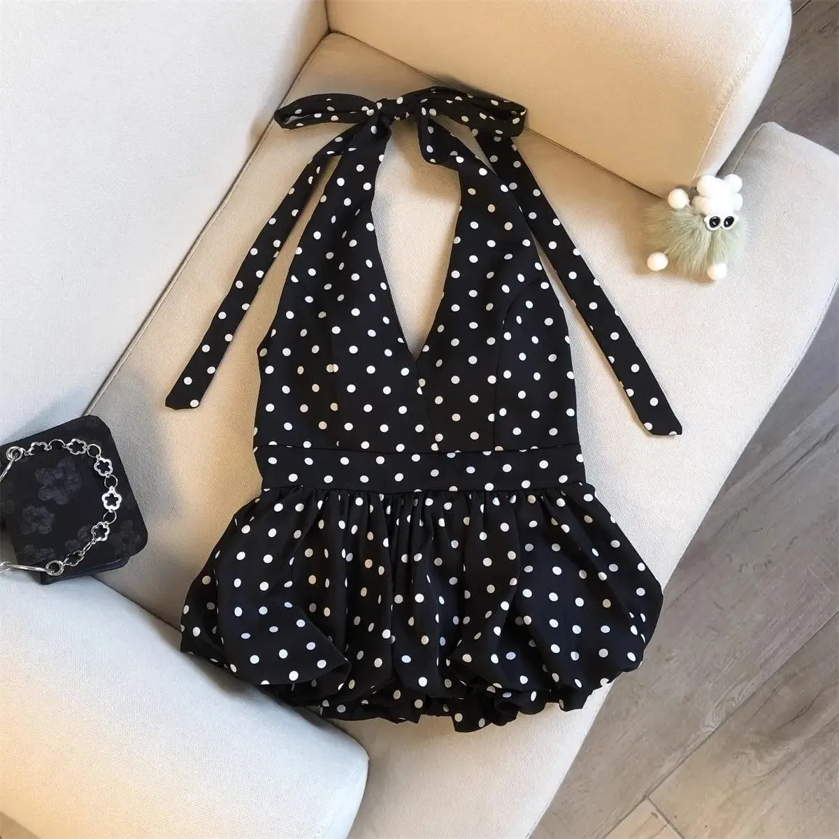 Backless Sexy Halter Beach Babydoll Crop Tops Women Polka Dots V neck Sleeveless T shirt Ruffles Basic Basic Tees Casual New