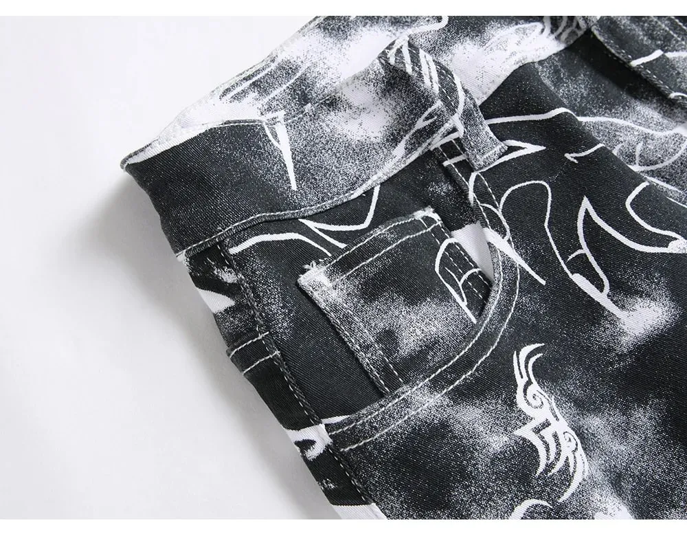 Men Skull Printed Jeans Fashion Devil Hand Pattern Denim Pants Black White Slim Straight Trousers