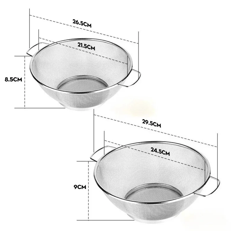 2pcs 21cm+24cm Hindi kinakalawang na asero Drain Basket Basket sa Kusina na may Mga Handle ng Basket na Panglaba ng Gulay Pansala ng Bigas