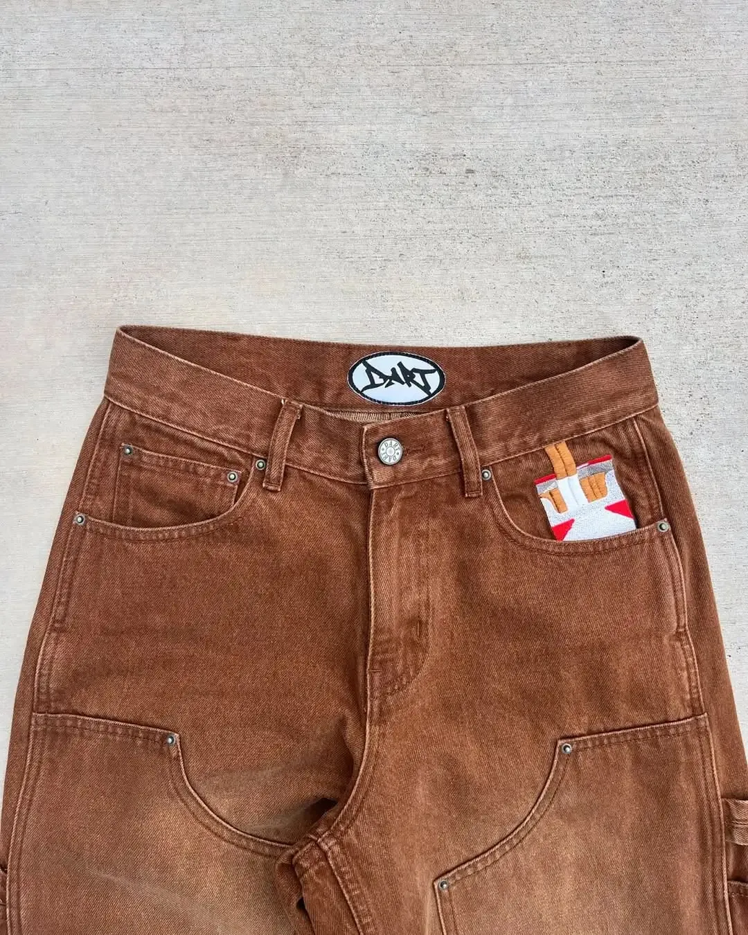 Mens Streetwear Brown Washed Denim Carpenter Pants Cigarette Pattern Pocket Loose High Waist Wide Leg Casual Jeans Daily Wear
