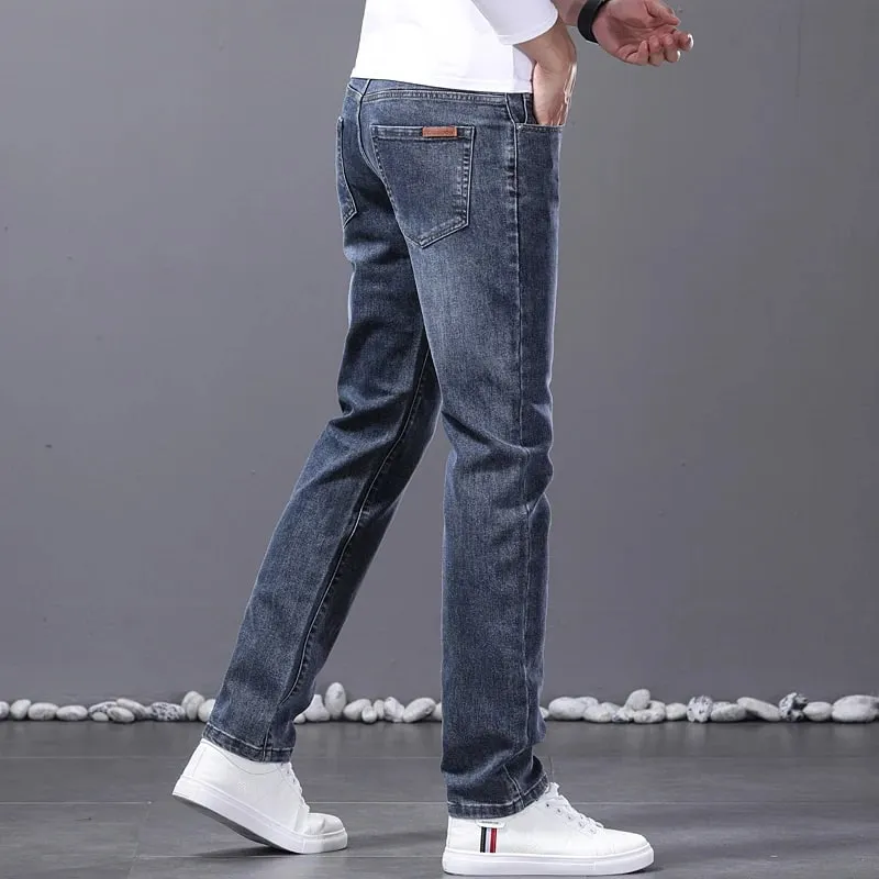 Spring New Men's Straight Jeans Comfortable Elastic Casual Business Work Trousers Retro Blue Fashion Fit Washed Denim Pants