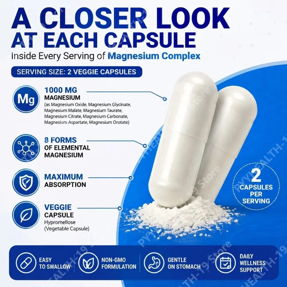 Magnesium Complex Capsules 8 Forms 1000mg Oxide Glycinate Malate For Sleep Bone Muscle & Wellness Support Adult 90 Count