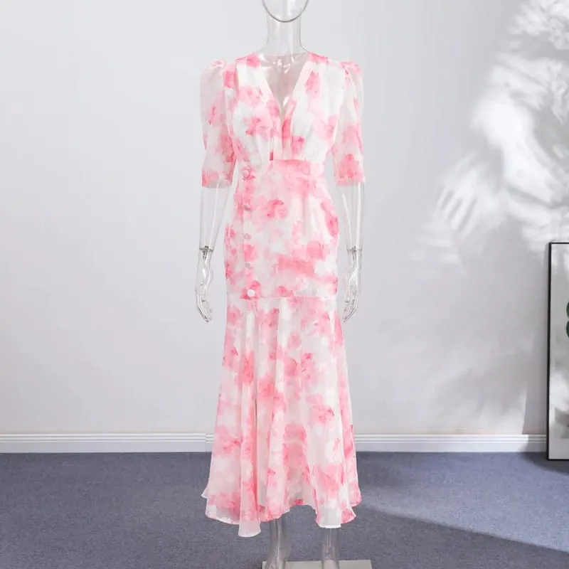 Women Printed V Neck Long Dress Flared Sleeve Lotus Leaf Edge High Waist Slim Fit Maxi Dresses Lady Elegant Evening Party Dress