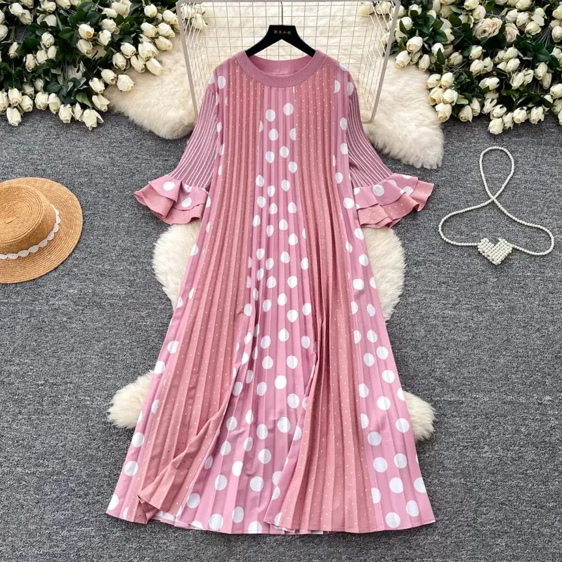 Miyake Pleated Polka Dot Dresses 2026 Summer Flared Sleeves Round Neck Fashion Pleated Long Dress Women Draped Elastic Clothing