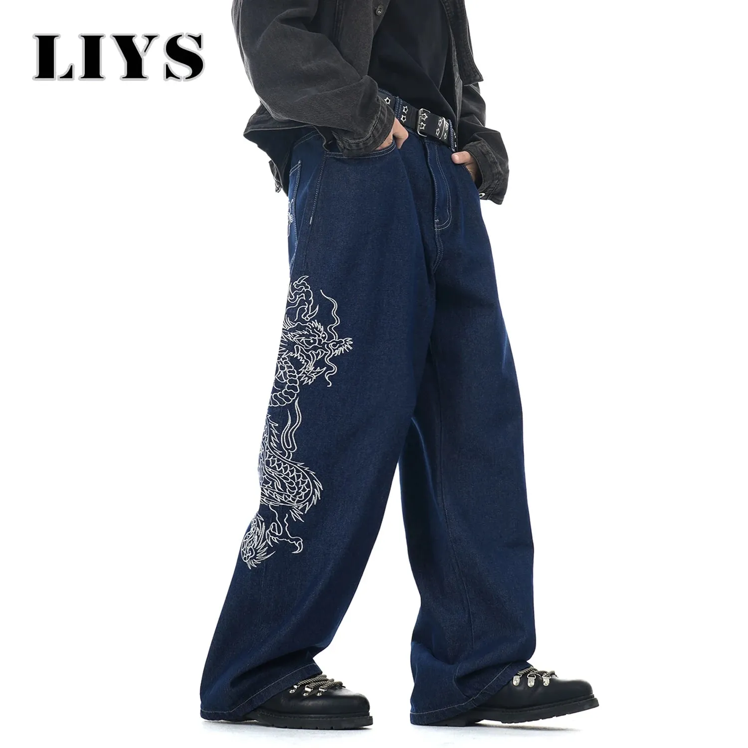 New Men's Blue Baggy Dragon Embroidered Wide Leg Jeans Spring Summer Classic Blue Baggy Washed Denim Pants Unisex Clothing