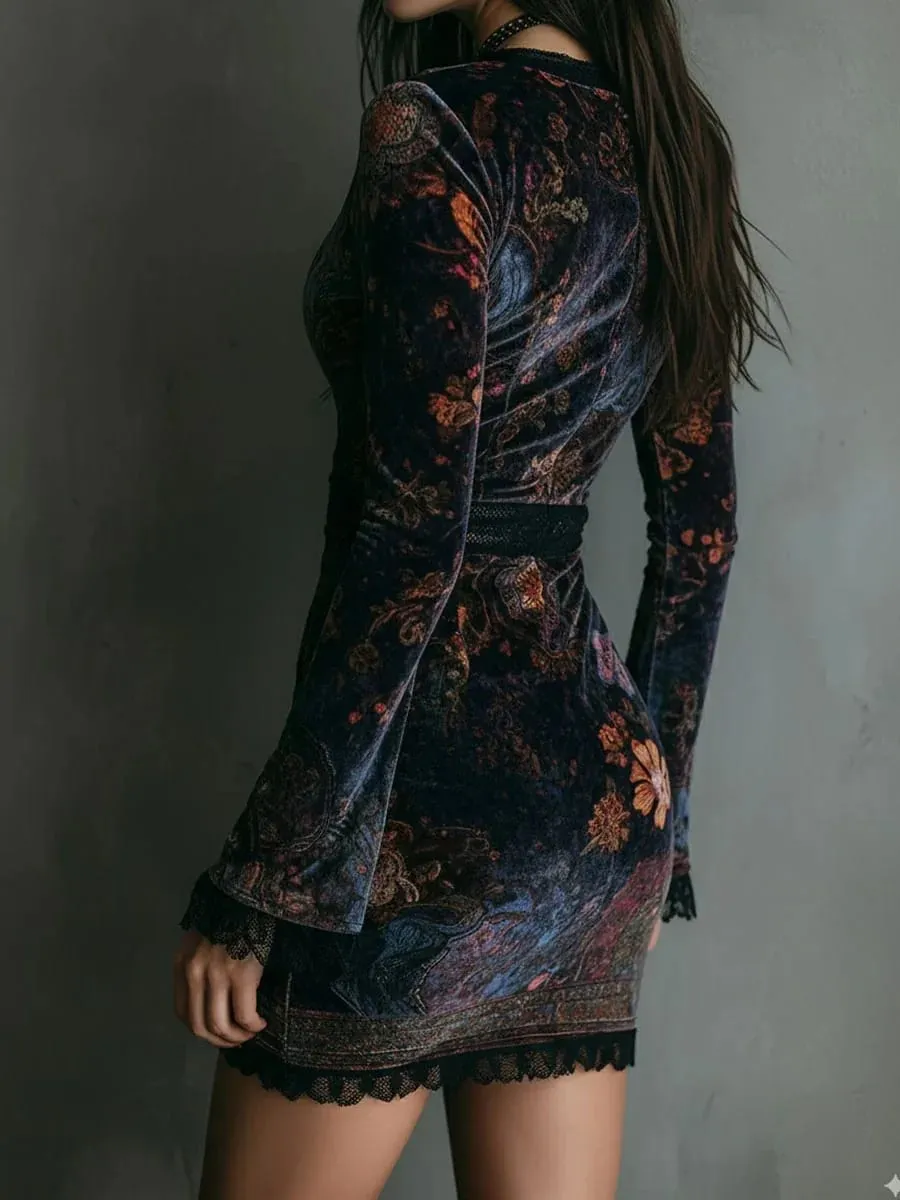 Velvet Bodycon Mini Dress V‑Neck Lace Trim Long Sleeve Vintage Floral Print Slim Fit Elegant Short Party Evening Club Dres