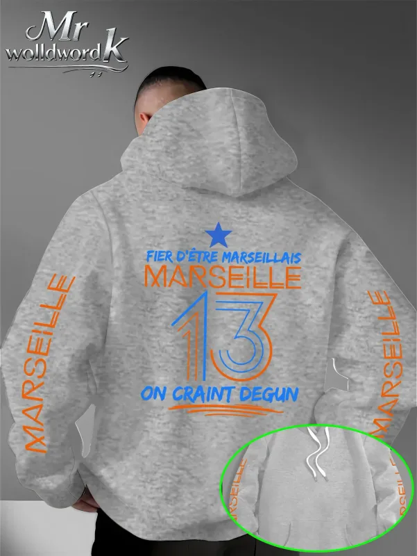 Men Marseille 13 City Graphic Hoodie Multi‑Print Sleeve Back Letter Hooded Sweatshirt Autumn Winter Fleece Loose Hoodie