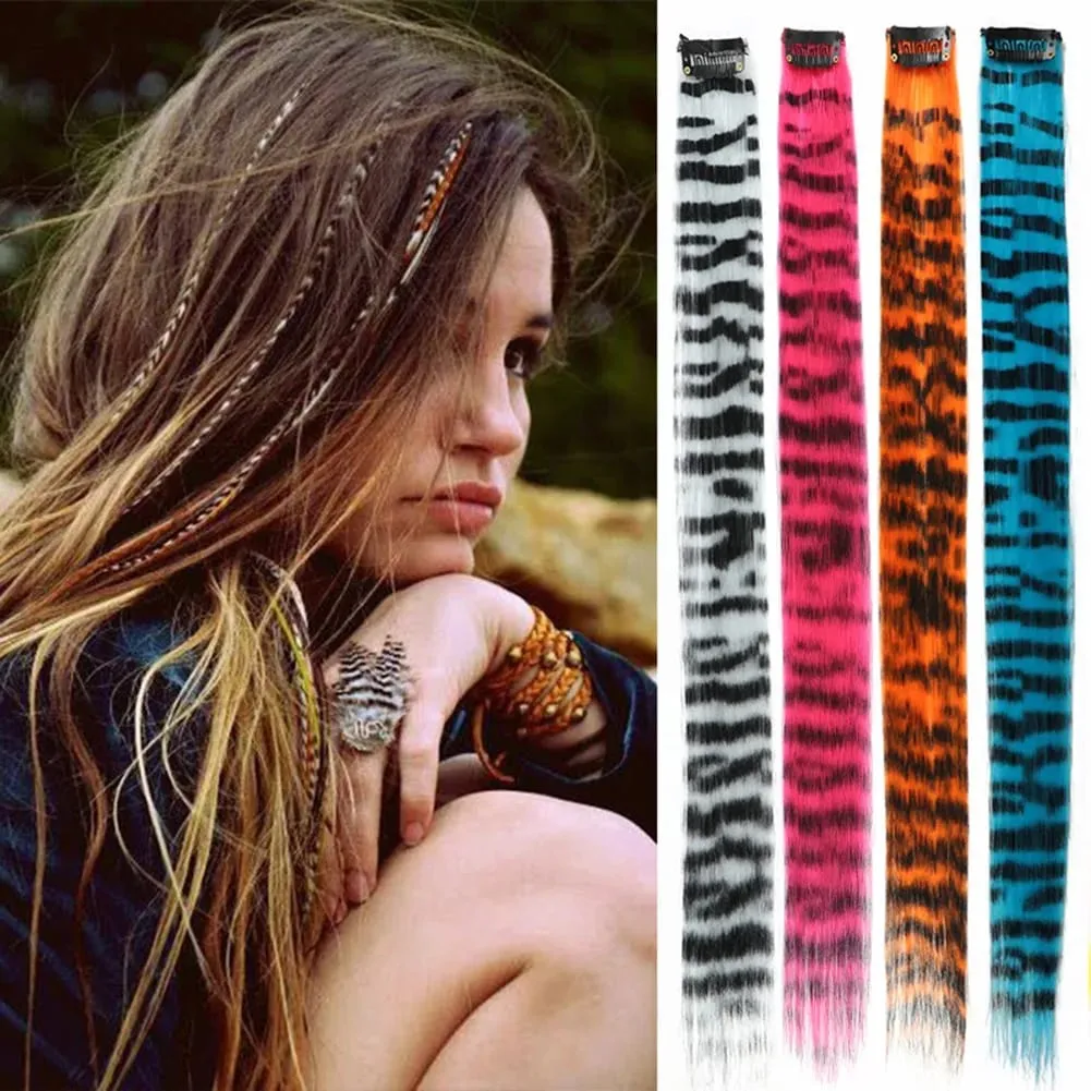 Synthetic Hair Extension18" Long Straight Women High Temperature Clip in Hair Extension Hairpiece Feather Wig Blue Rose Colorful