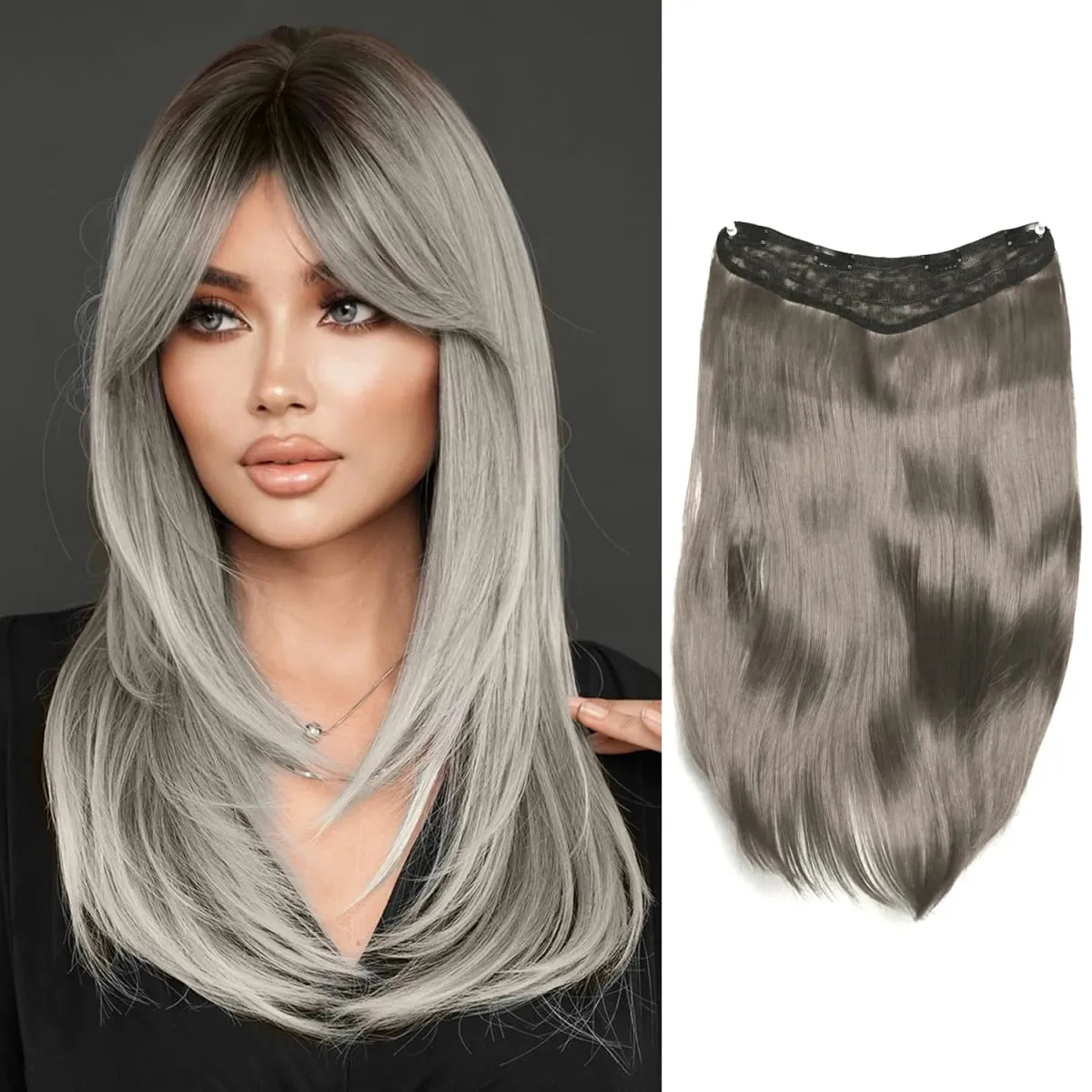 18inch V-shaped clip in hair extension layered hair extension adds volume.made of synthetic fiber for women