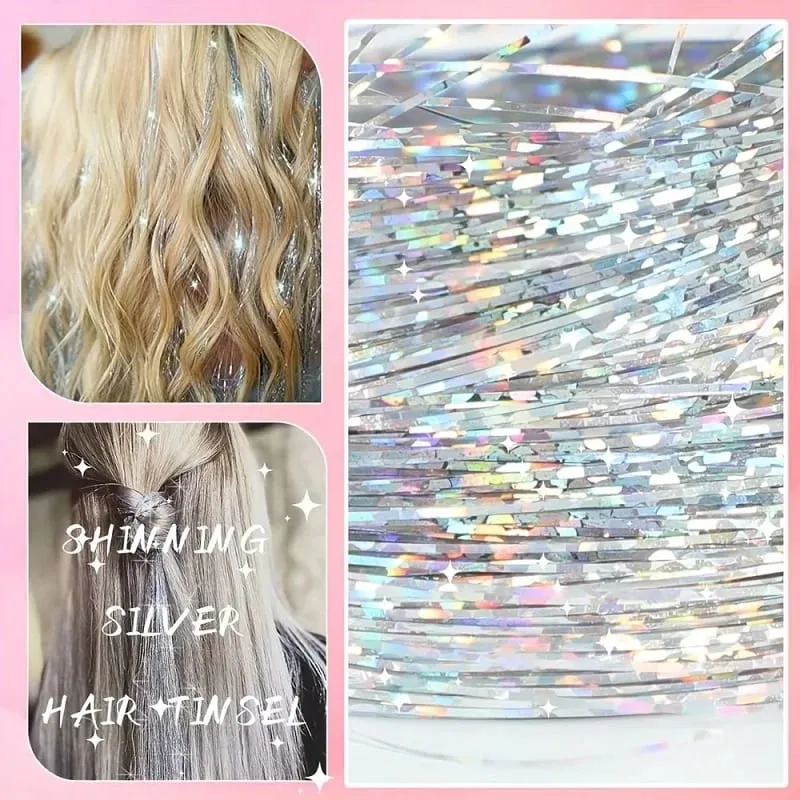 90cm Synthetic 3pcs/set Rainbow Colored Shiny Hair Laser Tinsel Long Straight Heat-Resistant Fairy Hair Extensions Party Daily