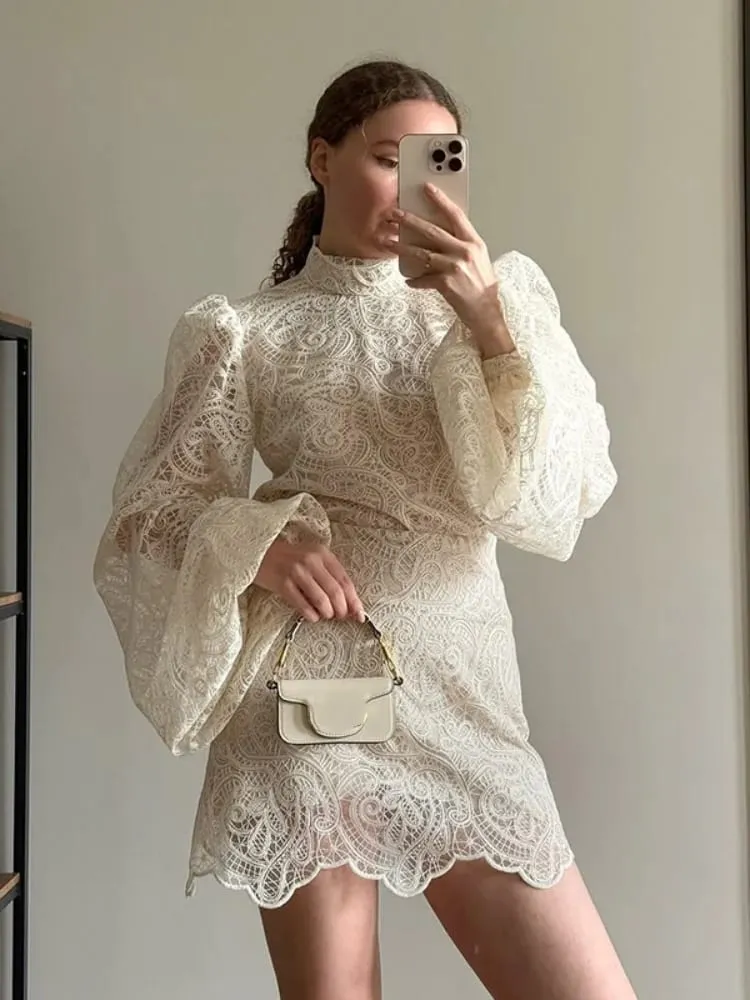 Lady Trendy Hollow Out Lace Mini Dress Elegant 2025 New Long Sleeve Designs Chic High Neck Short Vestidos Autumn Club Night Gown