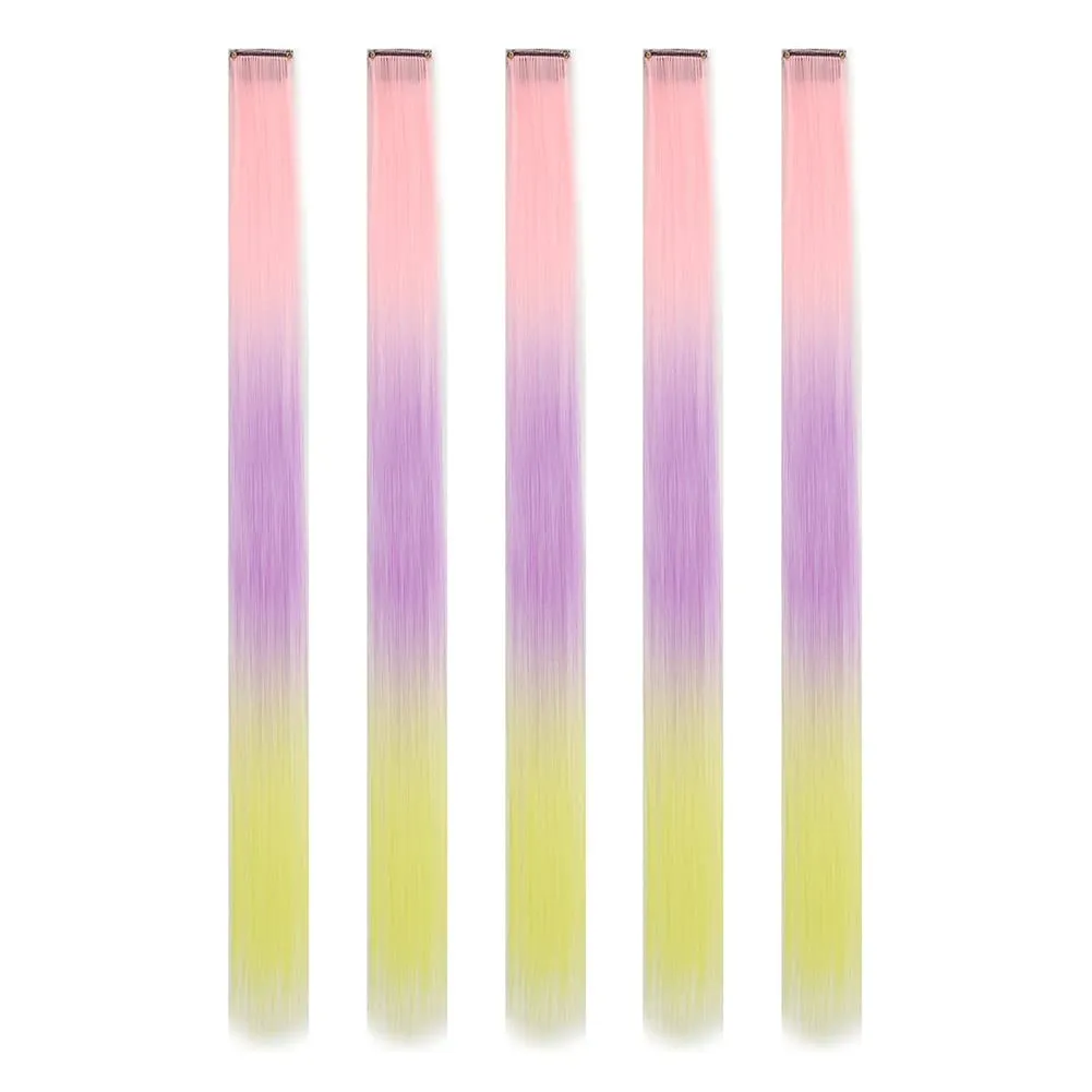 Extensions de cheveux synthétiques à clips, postiches colorées à reflets de fête pour filles, cheveux lisses multicolores de 18 pouces, 5 pièces/ensemble