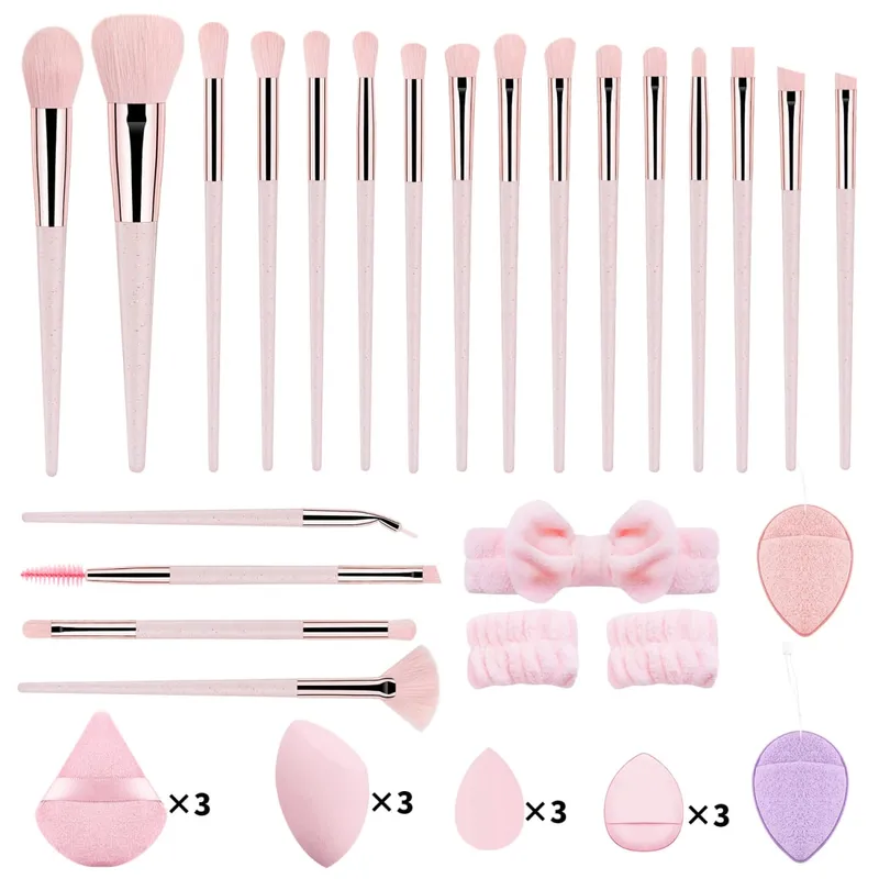 37Pcs Makeup Tool Kit 20Pcs Makeup Brushes With Hairband Wristband Powder Puff Facial Sponge