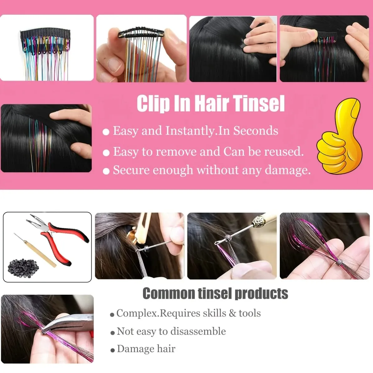 Hair Tinsel Clip in Rainbow Hair Accessories 24 Inch Fairy Hair Tinsel Kit for Women Glitter Extensions Synthetic for Christmas