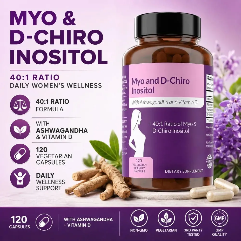 40:1 Myo-Inositol and D-Chiro Inositol Capsules Vitamin D3 Ashwagandha 120 Count Daily Wellness Supplement
