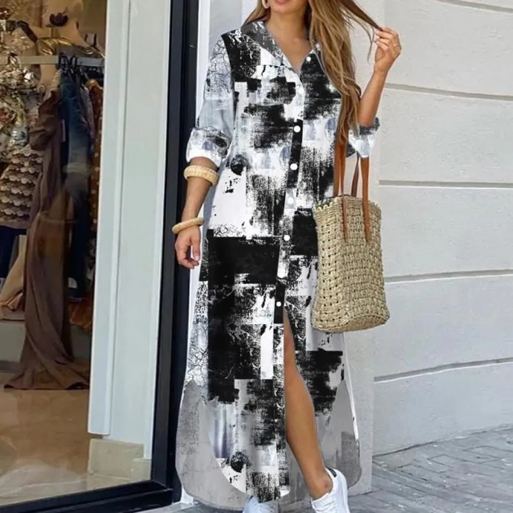 Robe longue en Denim pour femmes, manches longues, chemise, avec poches, boutons, imprimée, décontractée, ample, nouvelle collection automne 2023