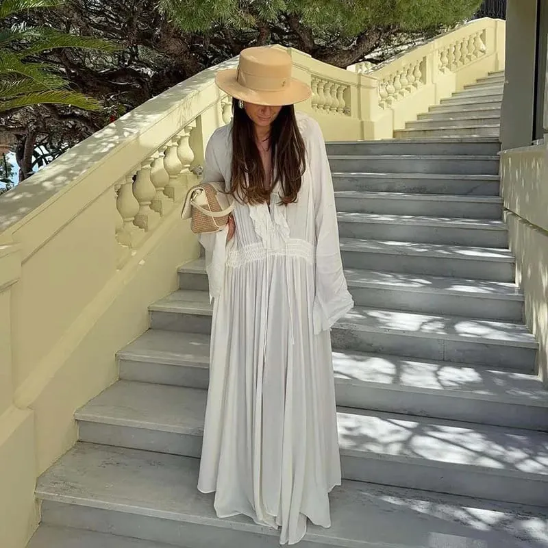 Elegant White Ruffles Maxi Dresses Women Fashion Loose V-Neck Lace-Up Long Robes Female Casual Vacation Birthday Party Vestidos — image 3