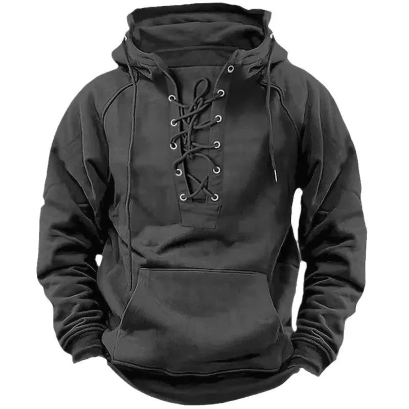 Men's Retro-Style Lace-Up Hooded Sweatshirt Loose-Fitting Long-Sleeved Pullover Pure Color Design for Autumn Winter Hoodie