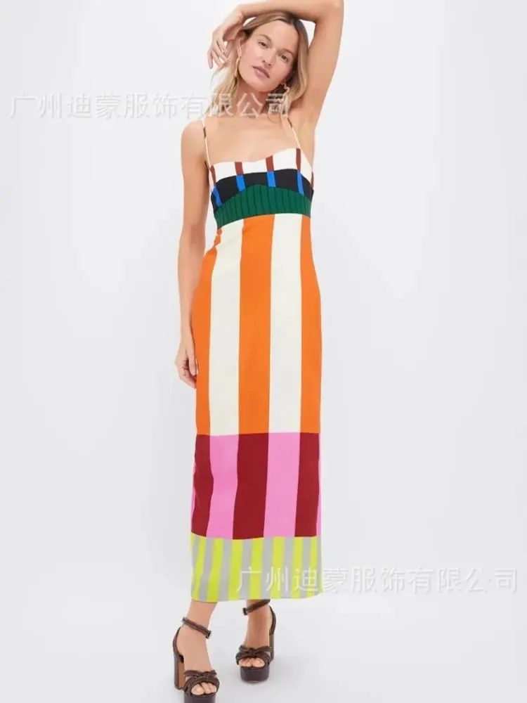 Elegant High Waist 2025 Party Long Dress Fashion Casual New Striped Colorful Women Sexy Spaghetti Strap Bohemian Mixi Dresses