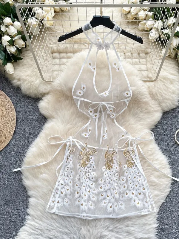 Woman Embroidery Floral Mesh Fashion Sexy Dress Chinese Style Short Sleeve Split Hollow Out Cheongsam New Gauze Sheer Dress