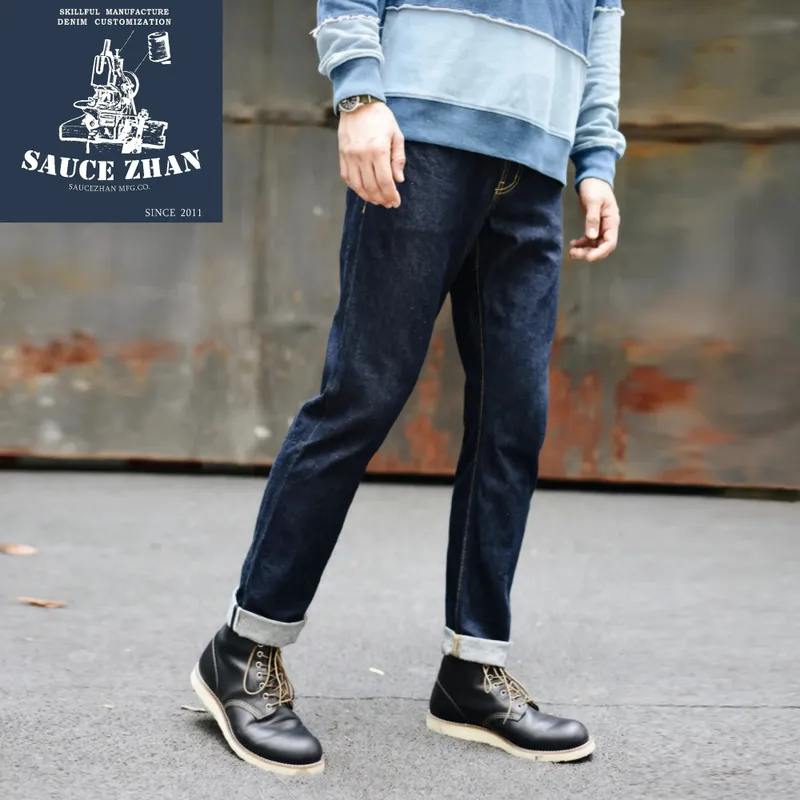 Saucezhan 314XX Mens Jeans Sanforized Selvedge Denim Jeans for man Indigo and Black Jeans Zipper Fly Slim Fit