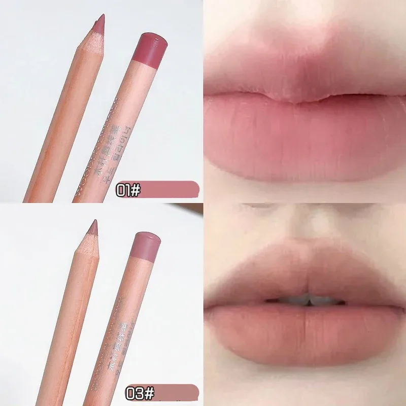 Wooden Matte Lip Liner Pencil Long Lasting Waterproof Nude Low Saturation Lip Pencil Natural Contour Lip Makeup for Beginners