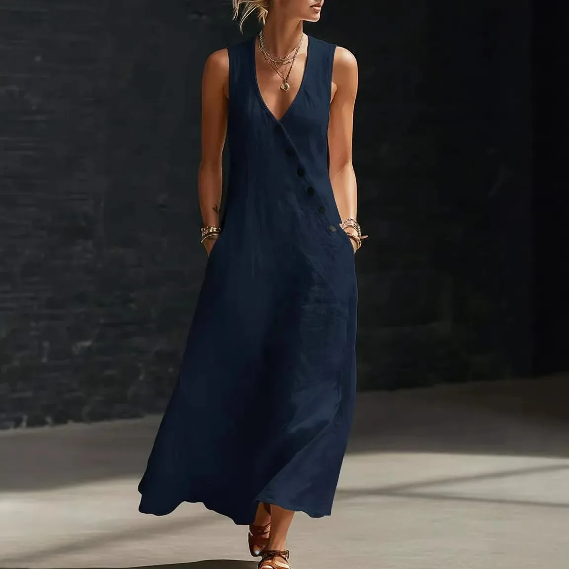 2026 Casual Sleeveless Loose Maxi Dress Women Summer Fashion Solid Color V-neck Holliday Elegant Long Dresses