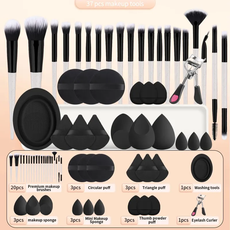 20 makeup brushes+3 round powder puffs+3 triangular powder puffs+3 beauty eggs+3 finger powder puffs+3 mini beauty eggs+1 washin
