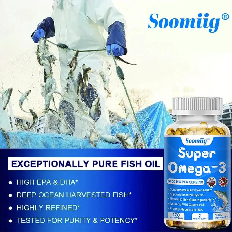 Cápsulas de triple potencia Aceite de pescado Omega-3 + DHA + EPA: apoya la salud de las articulaciones, el cerebro y los ojos Mejora la función inmune Antioxidante